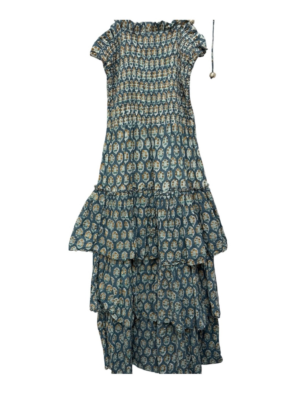 Oliphant Teal and Cream Floral Smocked Tiered Maxi Dress